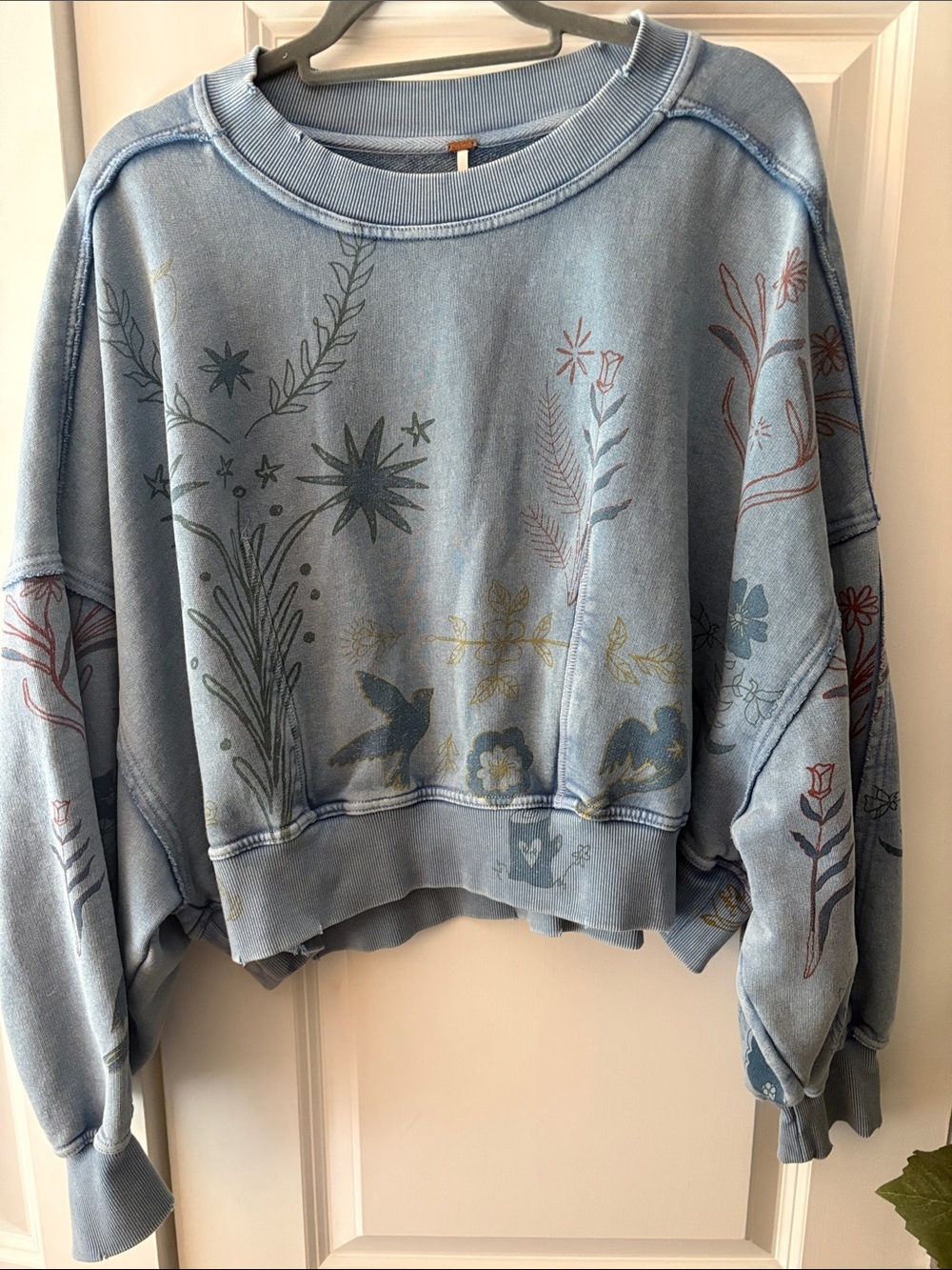 Free People Dusty Blue Floral & Bird Cropped Sweatshirt